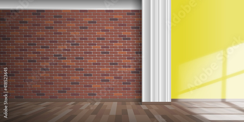 empty room intertior with brick texture   and yellow surface wall panel window sun light effect vector illustration