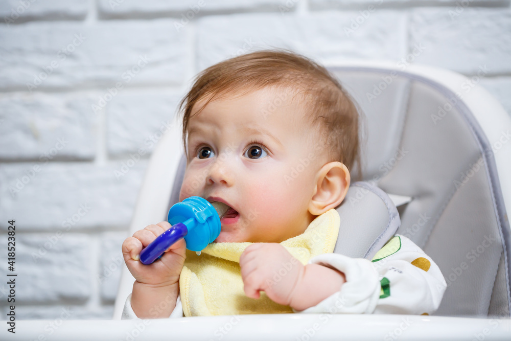 A small child sits on a high chair and eats fruits through the net. Nibbler for feeding babies A small child sits on a high chair and eats fruits through the net. Nibbler for feeding babies