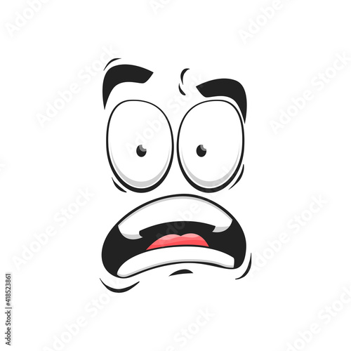 Cartoon face vector frightened funny emoji, scared facial expression with wide open or goggle eyes and yelling mouth, fear or shock feelings isolated on white background