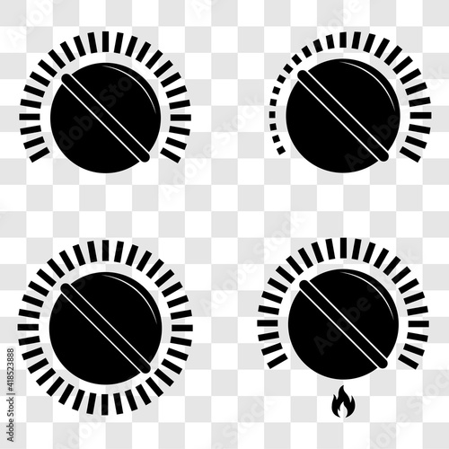 Black cooking stove heat knobs icon set. Kitchen gas dial symbol. Isolated vector illustration on transparent background.