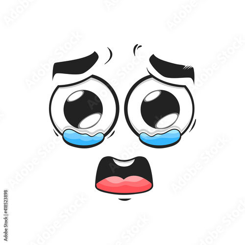 Cartoon crying face emoji with tears in wet round eyes. Upset vector dissatisfied facial expression, funny unhappy plaintive or piteous feelings isolated on white background