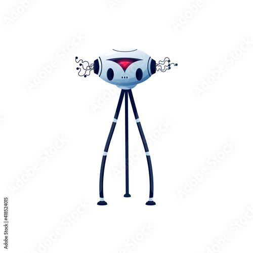 Cartoon robot vector cyborg character. Artificial intelligence toy or bot with digital red glow, flexible long legs on suckers and tentacles on head, ai technology, cybernetic object