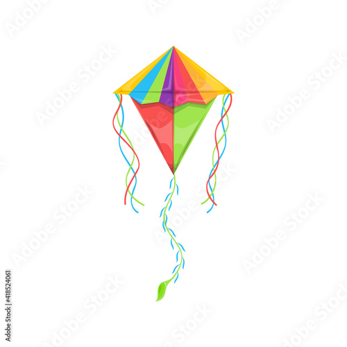 Flying kite-balloon of delta shape isolated rainbow color kids toy. Vector kite in sky, outdoor summer activity object with long strings at ends. Uttarayan International Kites Festival symbol