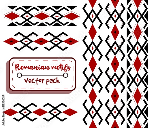 Romanian red and black traditional motifs. Embroidery and needlework conceptual art of moldavian and eastern european fashion. Seamless pattern with ethnic and folklore shapes.