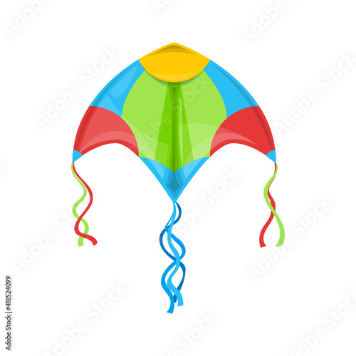 Kite flying in sky isolated outdoor summer activity object. Vector kite in blue, green, yellow and red. Controllable object in kiteboarding kitesurfing. Makar Sankranti festival, Indian holiday symbol