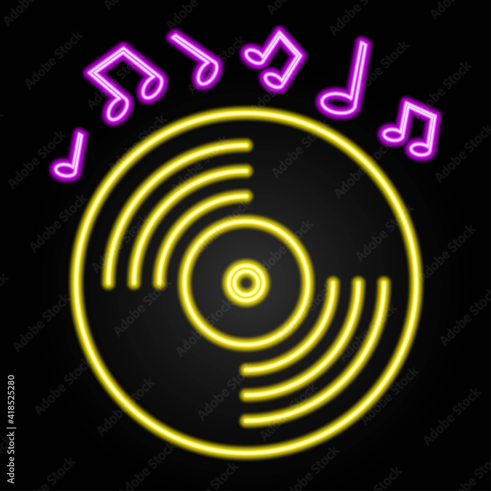 Musical record with notes neon sign, modern design, light banner, colorful trend of modern design on black background. Vector illustration. Musical record with notes neon sign, modern design, light banner, colorful trend of modern design on black background. Vector illustration.