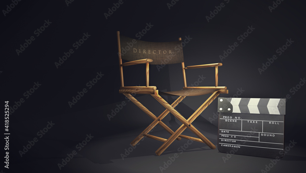 Directors movies concept with a chair and a clapperboard under the spotlight. A 3D rendering symbol of movies, with dark black background Directors movies concept with a chair and a clapperboard under the spotlight. A 3D rendering symbol of movies, with dark black background