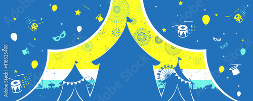 Vector illustration of the carnival funfair design with amusement park attractions background.