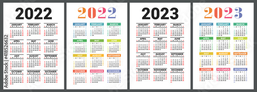 Calendars 2022 and 2023. English colorful vector set. Vertical wall or pocket calender template. Design collection. New year. Week starts on Sunday