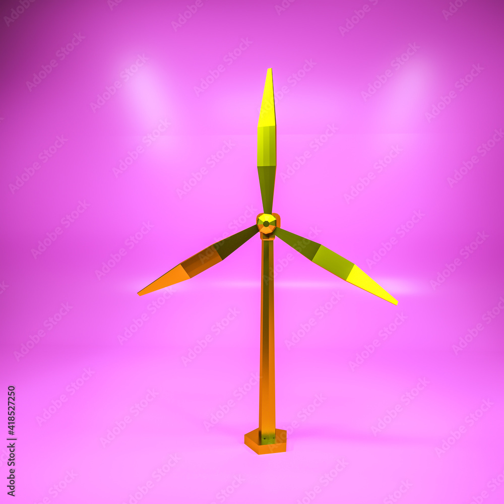 three-dimensional low poly model of a golden wind generator on a purple background. 3d render illustration three-dimensional low poly model of a golden wind generator on a purple background. 3d render illustration