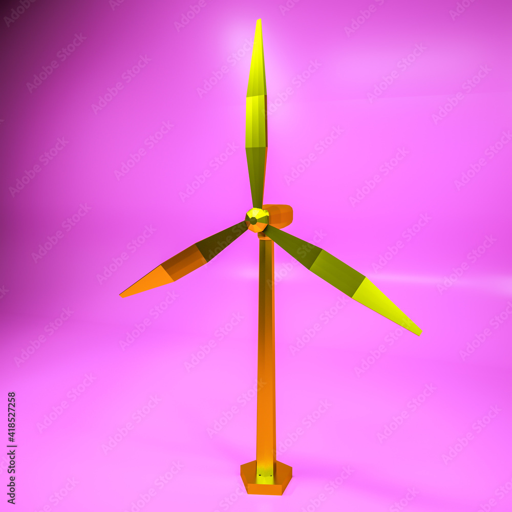 three-dimensional low poly model of a golden wind generator on a purple background. 3d render illustration three-dimensional low poly model of a golden wind generator on a purple background. 3d render illustration