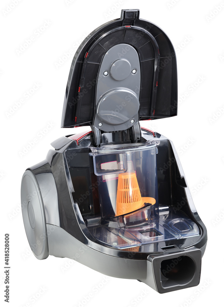 Naklejka premium Vacuum cleaner unfolded isolated on a white background.Care and cleaning of the trash and dust container in a vacuum cleaner.