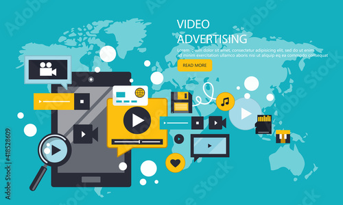 Video marketing. Digital marketing concept. Advertising and promoting. Flat vector illustration. © makyzz