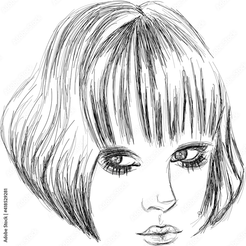 Girl with a bob cut - stylized sketch art