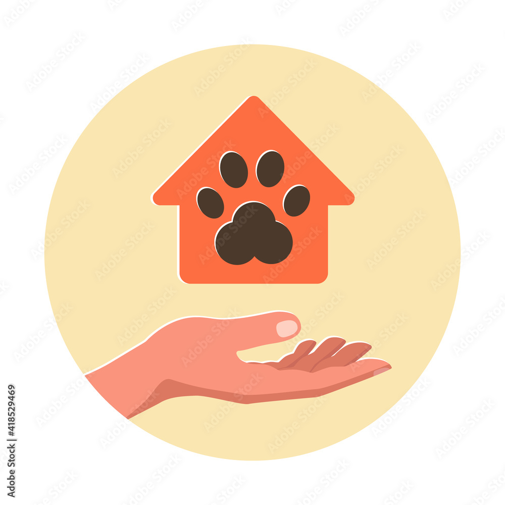 Human hand and house with dog footprint. The concept of a shelter for homeless animals, care, adoption. Vector stock illustration. Human hand and house with dog footprint. The concept of a shelter for homeless animals, care, adoption. Vector stock illustration.