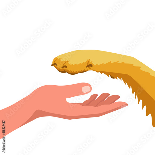 Human hand and dog paw isolated on white background. The concept of dog training, love and care for animals. Vector stock illustration. 