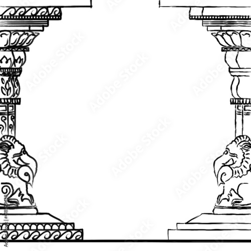 Indian Temple Aesthetics: Sketch of a Chola Style Architecture Pillar, with a Makara at the base. Used as borders or decoration to give that vintage - ancient vibe and feel.