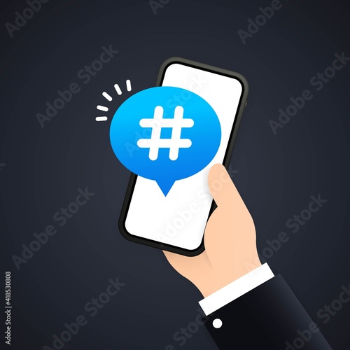 Hashtag icon on the phone. Social media concept. Vector on isolated white background. EPS 10
