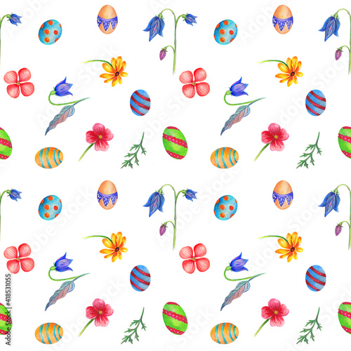 Watercolor colorful pattern with easter elements. White background