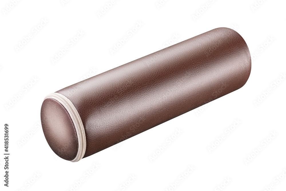 Brown stylish pillow, roller, leather manicure hand holder with zipper in the shape of a cylinder. Tube. Isolated on a white background. Close-up. Side view Brown stylish pillow, roller, leather manicure hand holder with zipper in the shape of a cylinder. Tube. Isolated on a white background. Close-up. Side view