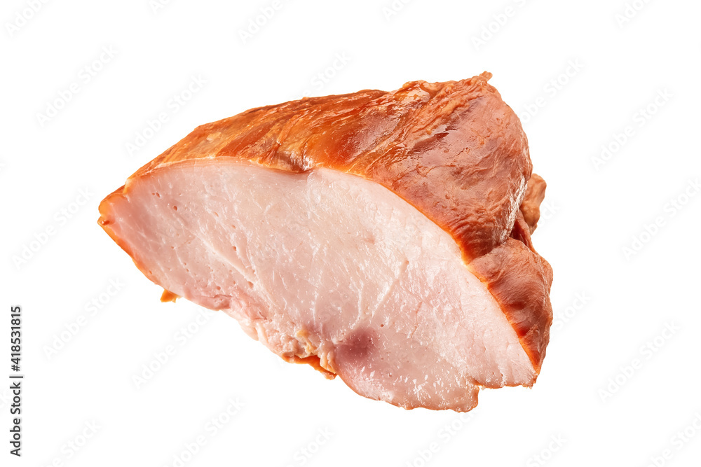 Piece of delicious appetizing smoked pork meat isolated on white background. Close-up, side view Piece of delicious appetizing smoked pork meat isolated on white background. Close-up, side view