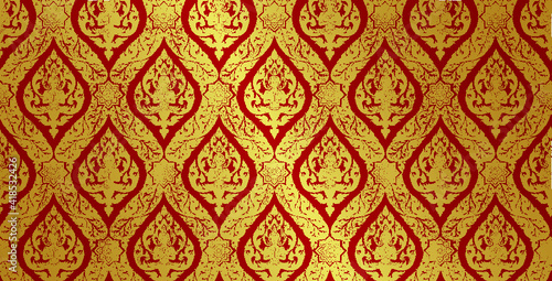 Abstract traditional thai flowers pattern background on rip curl dark green curtain. Premium Vector