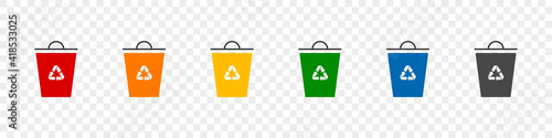 Recycle bins. Separation concept. Rubbish bins. Different types of Waste: Organic, Plastic, Metal, Paper, Glass, E-waste. Vector illustration