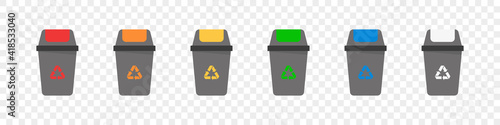 Recycle bins. Rubbish bins. Garbage containers for trash sorted by plastic, organic, e-waste, metal, glass, paper. Vector illustration