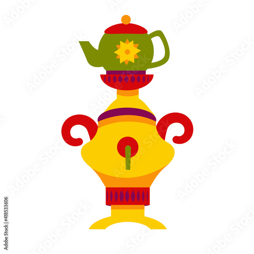 Russian samovar with teapot isolated on white background. Russian Maslenitsa. Vector illustration in a flat style. For design and decoration.