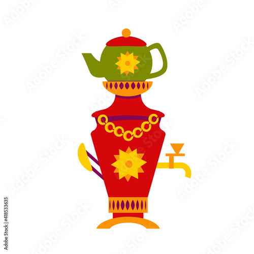 Russian samovar with teapot isolated on white background. Russian Maslenitsa. Vector illustration in a flat style. For design and decoration.