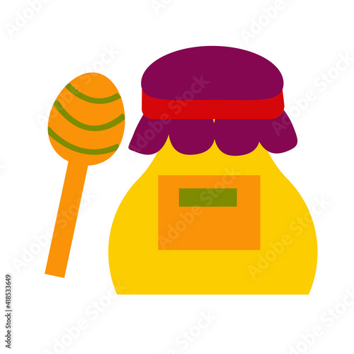 A jar of honey is isolated on a white background. Russian Maslenitsa. Vector illustration in a flat style. For design and decoration.