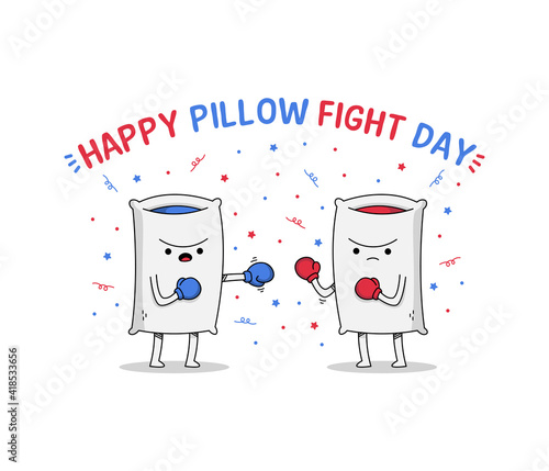 Happy pillow fight day celebrated on the first Saturday of April showing two pillows cartoon character wearing a boxing glove about to fight one another