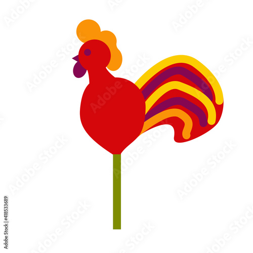 A lollipop shaped like a rooster is isolated on a white background. Russian Maslenitsa. Vector illustration in a flat style. For design and decoration.