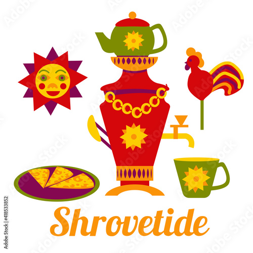 collection of bright icons for the traditional Russian spring holiday-Maslenitsa. Shrovetide Week illustration set in flat style isolated on white background.