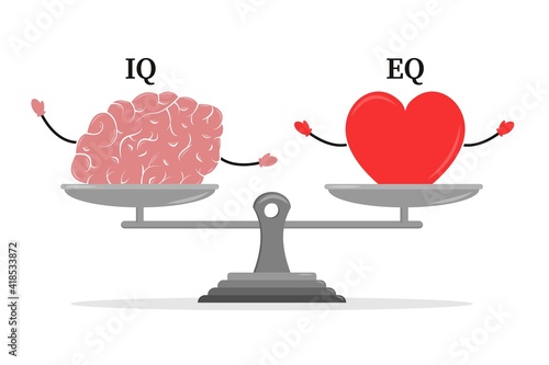 Emotional Quotient and Intelligence. Heart and Brain on the libra. Balance between soul and intellect. Vector illustration.