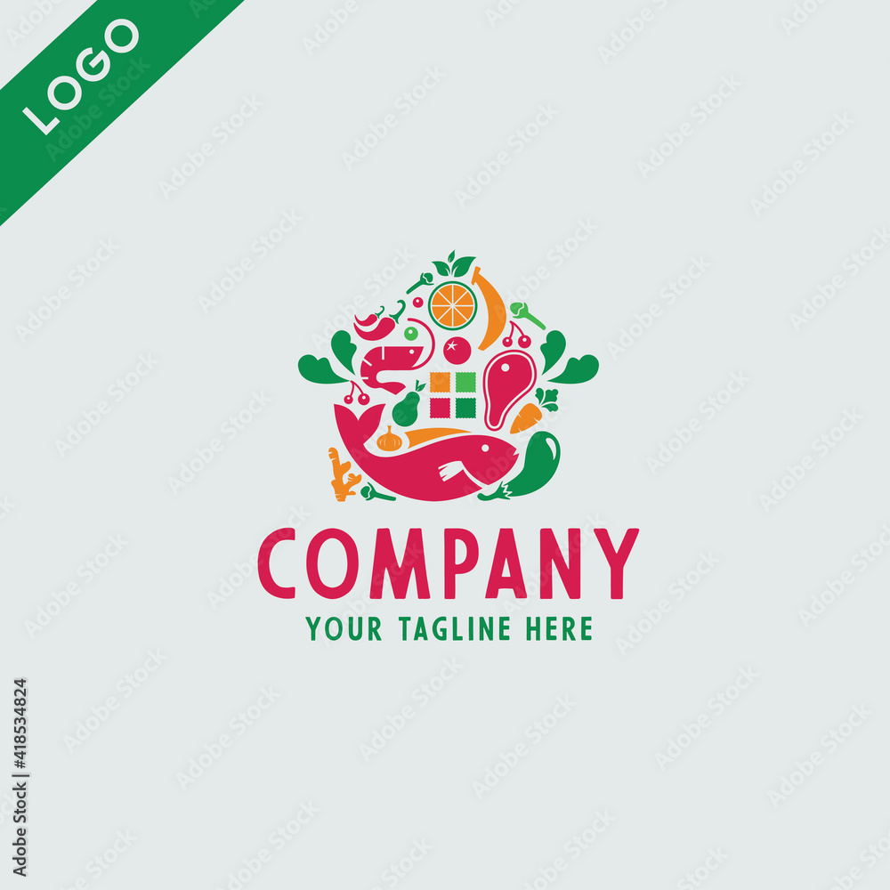 logos depicting foods such as vegetables, meat, fish and seasonings, arranged to resemble a house or shop. This logo is suitable for brand companies about food ingredients. logos depicting foods such as vegetables, meat, fish and seasonings, arranged to resemble a house or shop. This logo is suitable for brand companies about food ingredients.