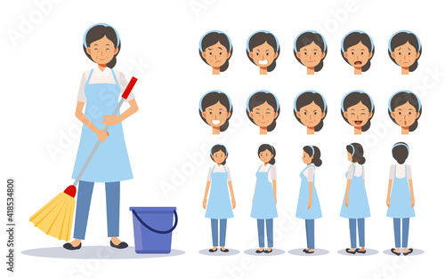 Vector illustration set of old lady is a housekeeper,cleaner in various action. emotion expression. Front, side, back view animated character.