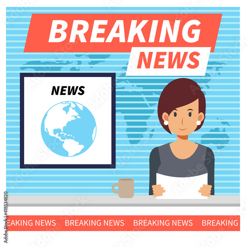 Breaking news flat vector illustration concept. Female Newscaster in the television studio.