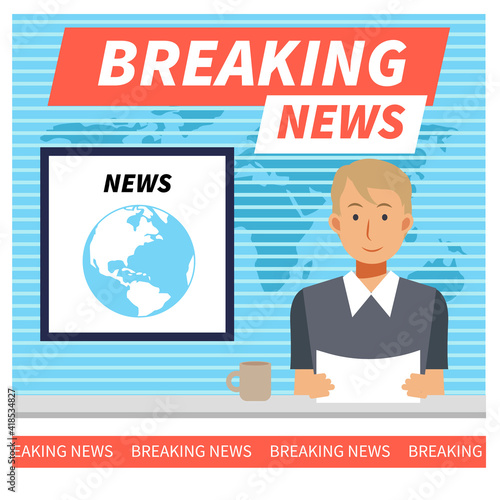 Breaking news flat vector illustration concept. Male Newscaster in the television studio.