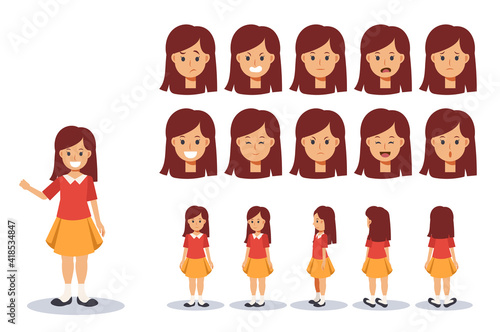 Vector illustration set of children girl wear casual clothing character in various action. emotion expression. Front, side, back view animated character.