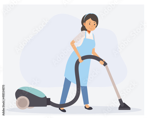 Housekeeper cleaning the floor by vaccum. Flat vector cartoon character.