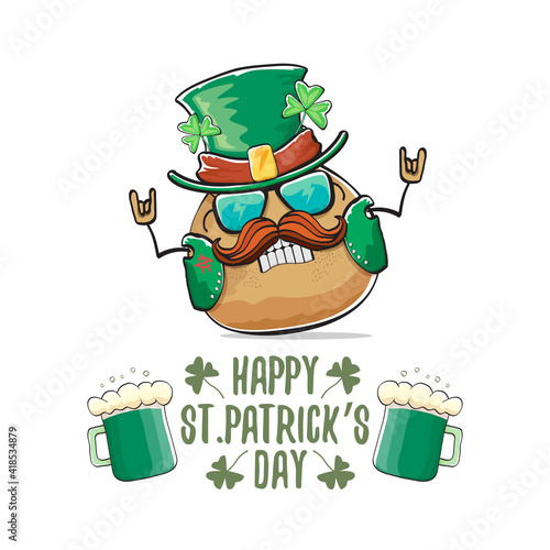 Happy Saint Patricks day greeting card with funky leprechaun rock star potato character with green particks hat and beer isolated on white background. Rock n roll hipster vegetable funky character photo