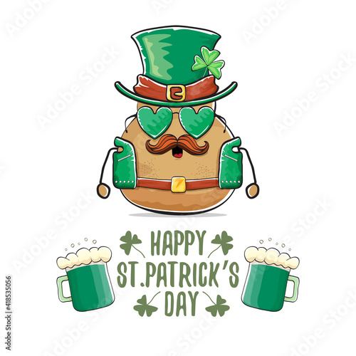 Happy Saint Patricks day greeting card with funky leprechaun rock star potato character with green particks hat and beer isolated on white background. Rock n roll hipster vegetable funky character photo