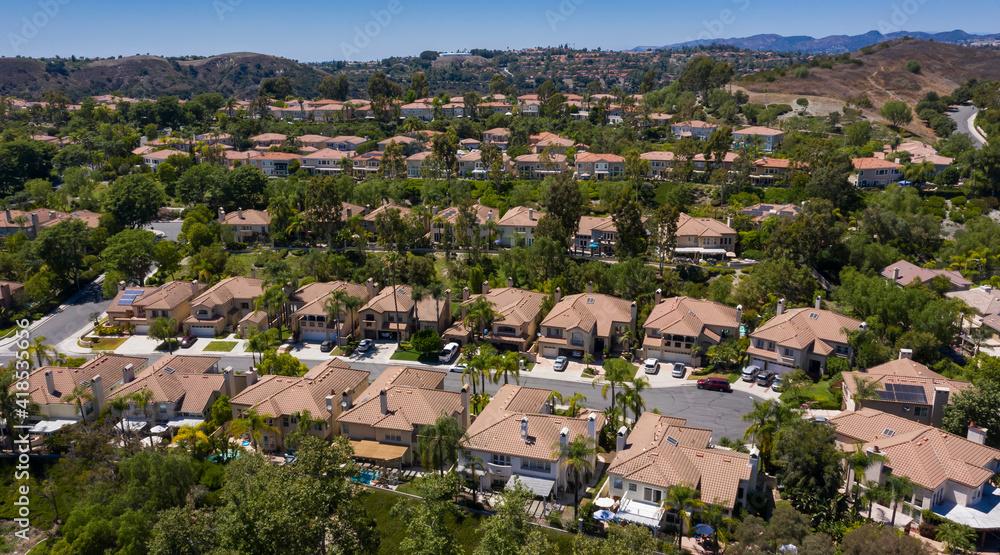 Aerial view of an affluent neighborhood in Rancho Santa Margarita, California, USA.