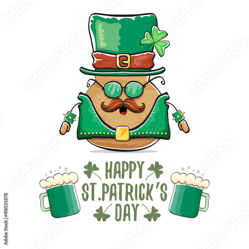 Happy Saint Patricks day greeting card with funky leprechaun rock star potato character with green particks hat and beer isolated on white background. Rock n roll hipster vegetable funky character