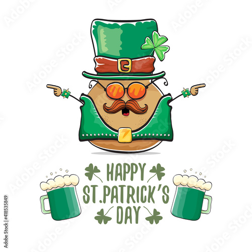 Happy Saint Patricks day greeting card with funky leprechaun rock star potato character with green particks hat and beer isolated on white background. Rock n roll hipster vegetable funky character