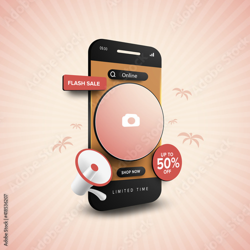 Online shopping promotion on mobile app concept for social media post template