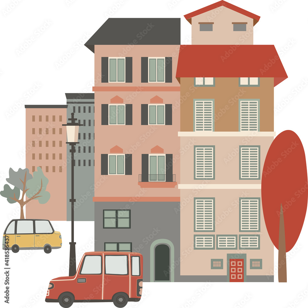  Vector illustration of classic style city street, set of buildings, isolated on white
