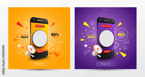 Online shopping promotion on mobile app concept for social media post template