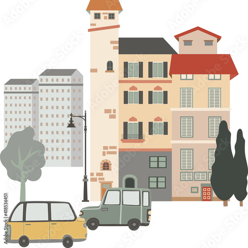  Vector illustration of classic style city street, set of buildings, isolated on white